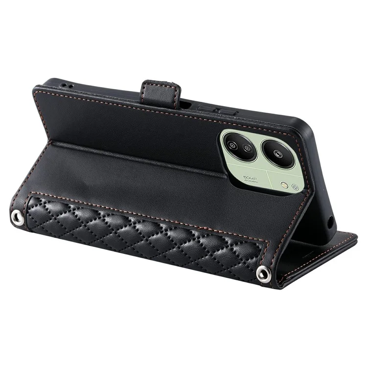 Funda de cuero para Xiaomi Redmi 13C 5G / 4G / 13R 5G / Poco C65 4G Textura de rombo Funda de teléfono con soporte y correa para la muñeca - Negro