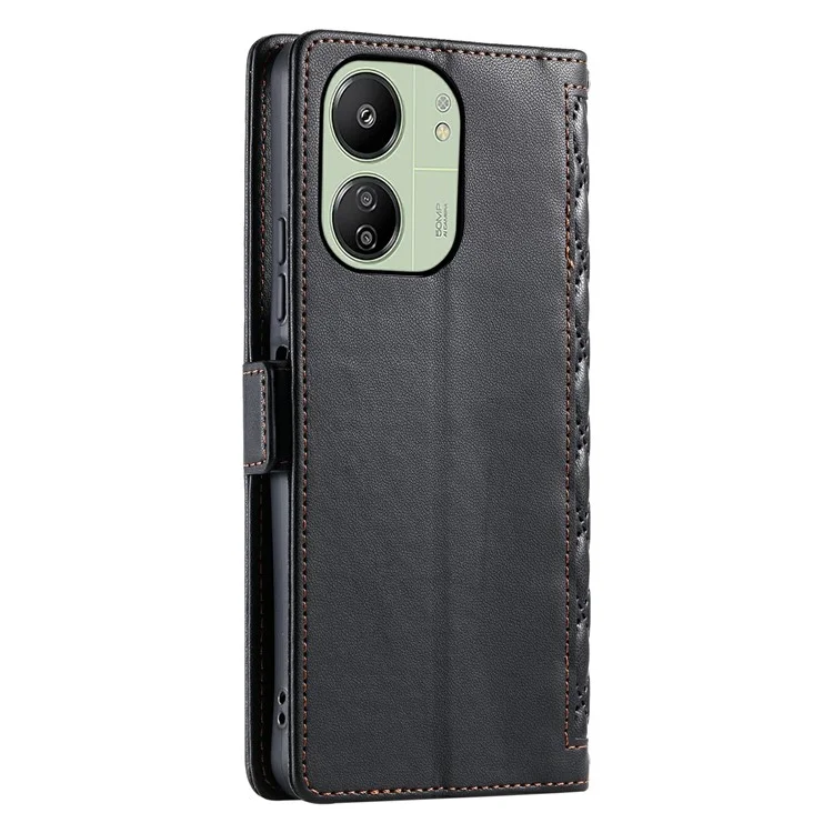 Funda de cuero para Xiaomi Redmi 13C 5G / 4G / 13R 5G / Poco C65 4G Textura de rombo Funda de teléfono con soporte y correa para la muñeca - Negro