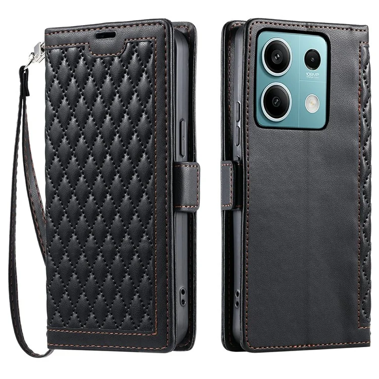 For Xiaomi Redmi Note 13 5G Leather Case Rhombus Texture Wallet Stand Phone Cover with Wrist Strap - Black