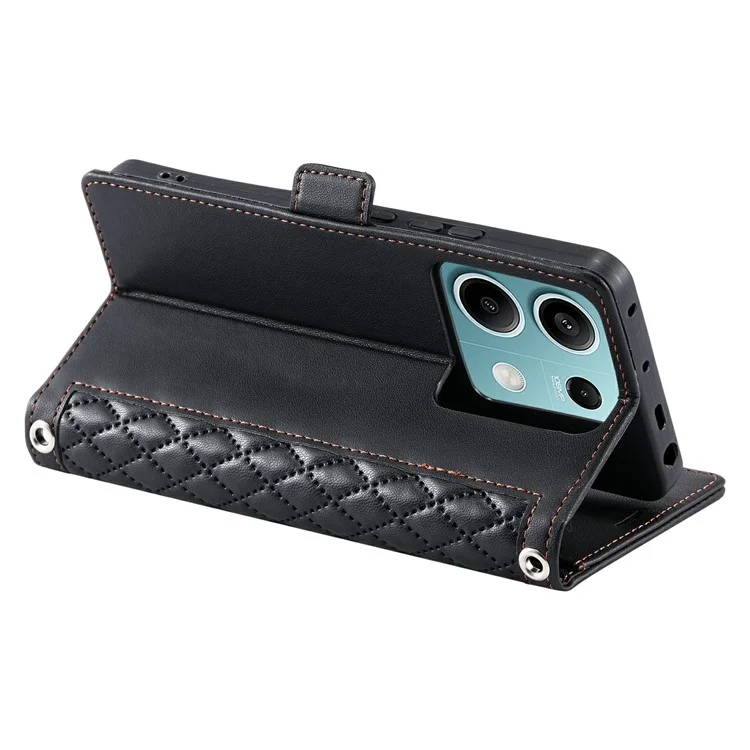 For Xiaomi Redmi Note 13 5G Leather Case Rhombus Texture Wallet Stand Phone Cover with Wrist Strap - Black