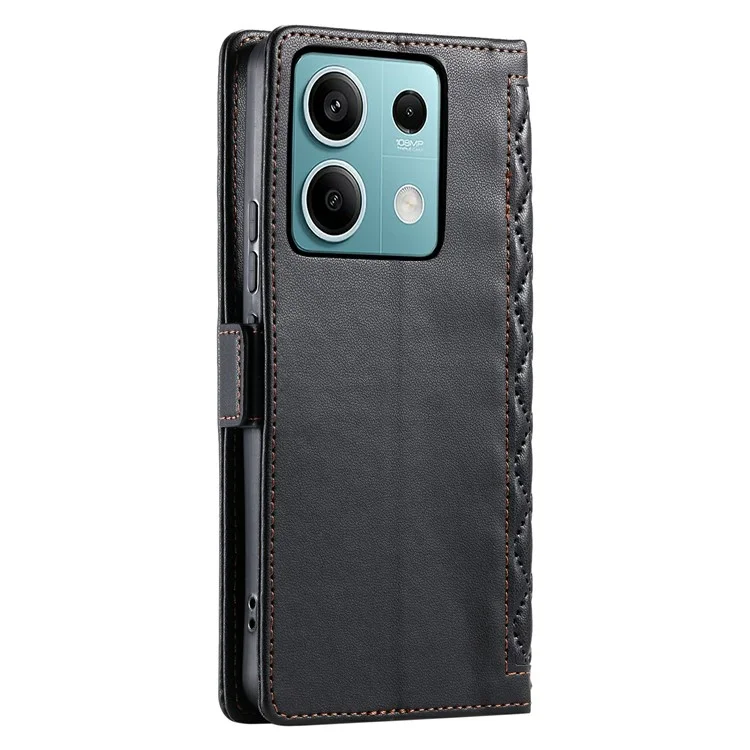 For Xiaomi Redmi Note 13 5G Leather Case Rhombus Texture Wallet Stand Phone Cover with Wrist Strap - Black