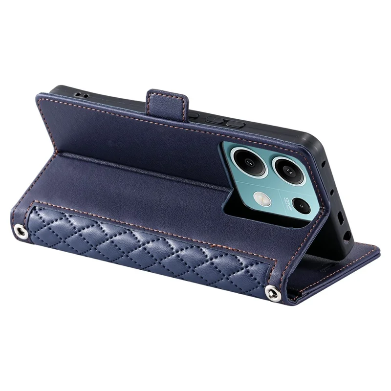 For Xiaomi Redmi Note 13 5G Leather Case Rhombus Texture Wallet Stand Phone Cover with Wrist Strap - Blue