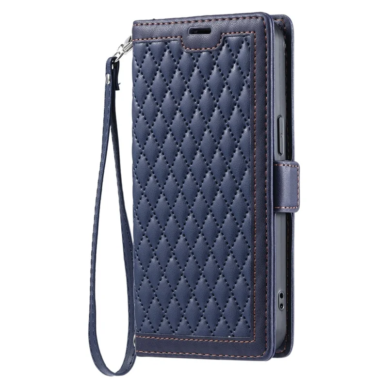 For Xiaomi Redmi Note 13 5G Leather Case Rhombus Texture Wallet Stand Phone Cover with Wrist Strap - Blue