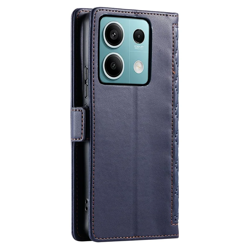 For Xiaomi Redmi Note 13 5G Leather Case Rhombus Texture Wallet Stand Phone Cover with Wrist Strap - Blue