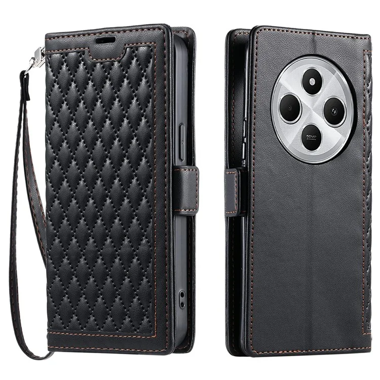 Étui en cuir pour Xiaomi Redmi 14C 5G / 14C 4G / 14R 5G / Poco C75 4G Texture en losange Portefeuille Support Housse de téléphone avec dragonne - Noir