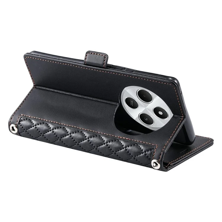 Étui en cuir pour Xiaomi Redmi 14C 5G / 14C 4G / 14R 5G / Poco C75 4G Texture en losange Portefeuille Support Housse de téléphone avec dragonne - Noir