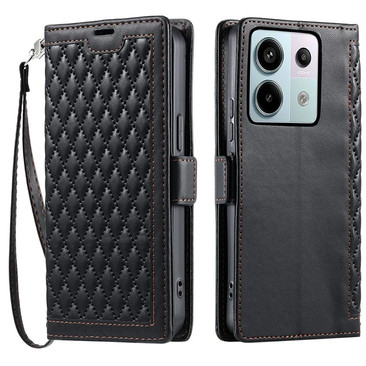 For Xiaomi Redmi Note 13 Pro 5G  /  Poco X6 5G Leather Case Rhombus Texture Wallet Stand Phone Cover with Wrist Strap - Black