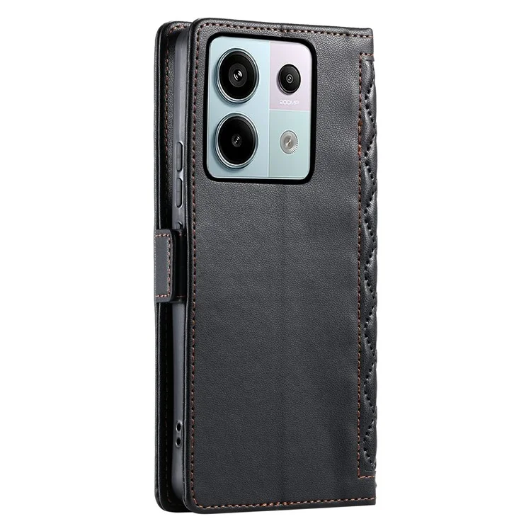 For Xiaomi Redmi Note 13 Pro 5G  /  Poco X6 5G Leather Case Rhombus Texture Wallet Stand Phone Cover with Wrist Strap - Black