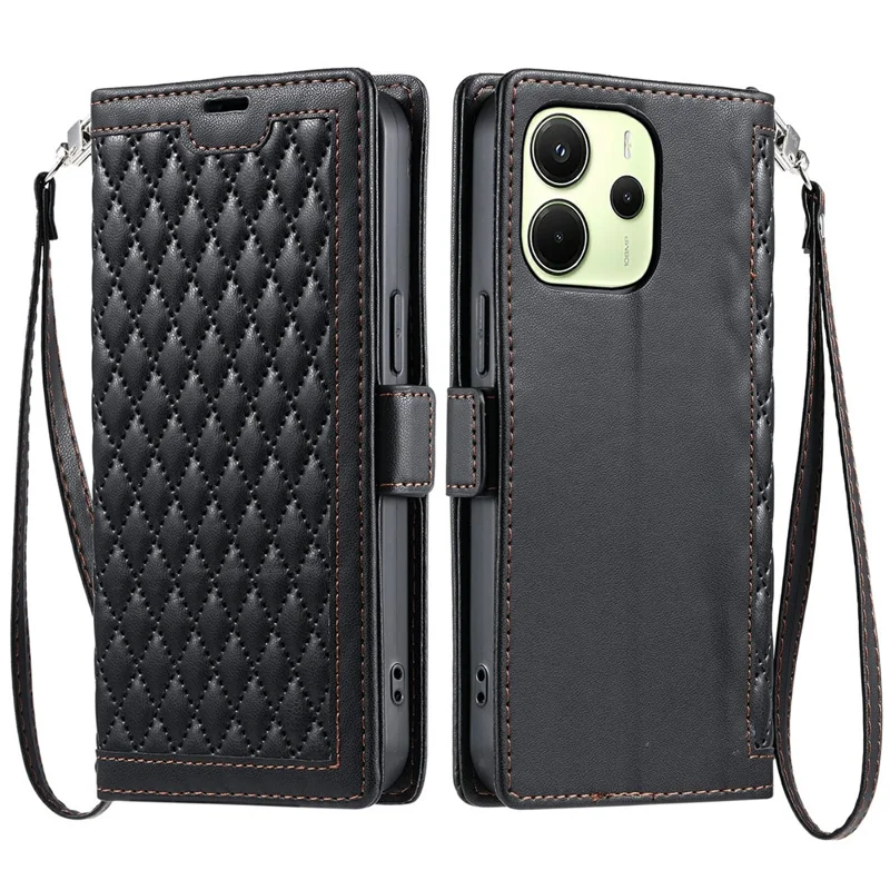 For Xiaomi Redmi Note 14 4G (163.25mm) Leather Case Rhombus Texture Wallet Stand Phone Cover with Wrist Strap - Black