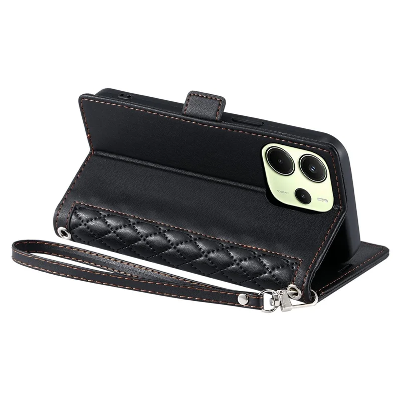 For Xiaomi Redmi Note 14 4G (163.25mm) Leather Case Rhombus Texture Wallet Stand Phone Cover with Wrist Strap - Black
