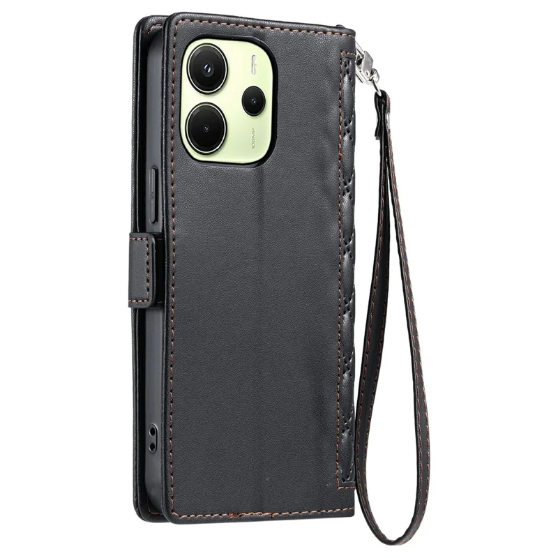 For Xiaomi Redmi Note 14 4G (163.25mm) Leather Case Rhombus Texture Wallet Stand Phone Cover with Wrist Strap - Black