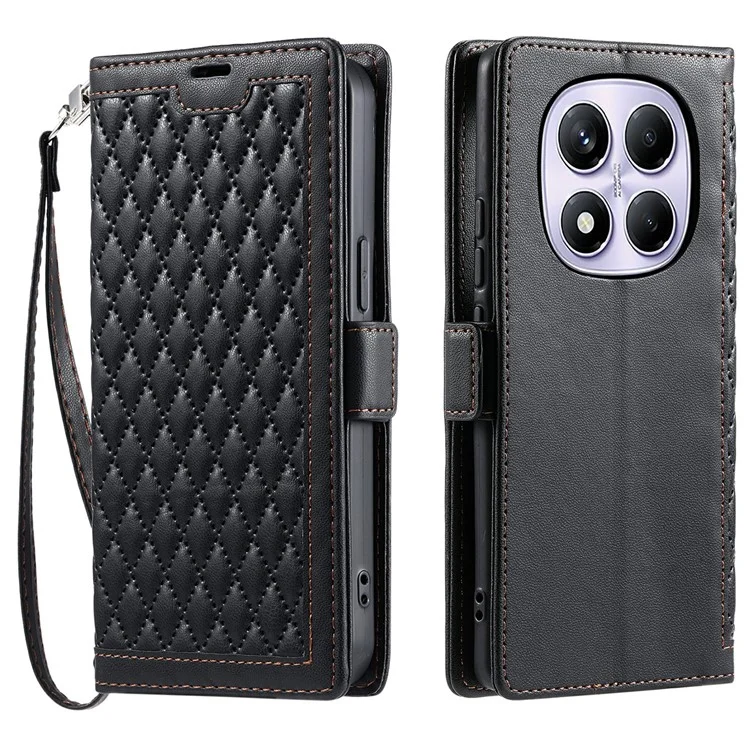 Para Xiaomi Redmi Note 14 Pro 5G / 4G Capa de Couro com Textura de Losango, Suporte de Carteira e Alça de Pulso - Preto
