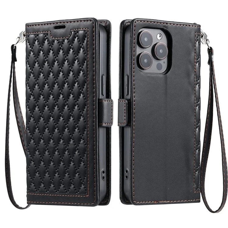 Funda de Cuero con Textura de Rombos para iPhone 13 Pro con Soporte tipo Cartera y Correa de Muñeca - Negro
