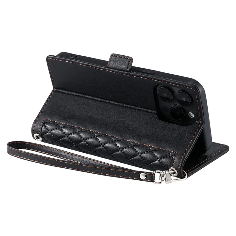 Funda de Cuero con Textura de Rombos para iPhone 13 Pro con Soporte tipo Cartera y Correa de Muñeca - Negro