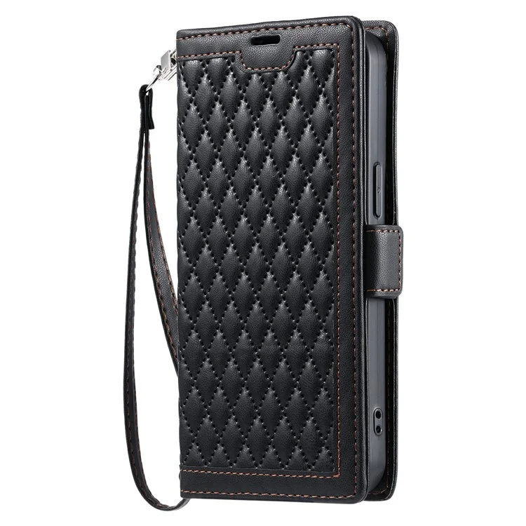 Funda de Cuero con Textura de Rombos para iPhone 13 Pro con Soporte tipo Cartera y Correa de Muñeca - Negro