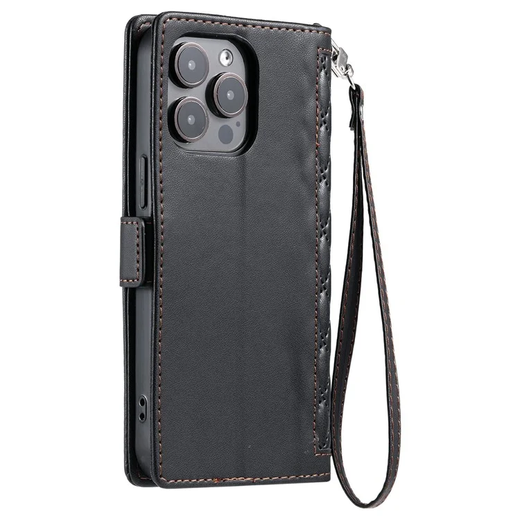 Funda de Cuero con Textura de Rombos para iPhone 13 Pro con Soporte tipo Cartera y Correa de Muñeca - Negro