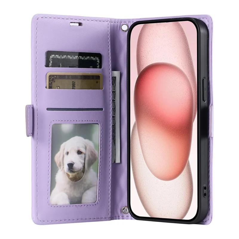 For iPhone 13 Pro Max Leather Case Rhombus Texture Wallet Stand Phone Cover with Wrist Strap - Purple