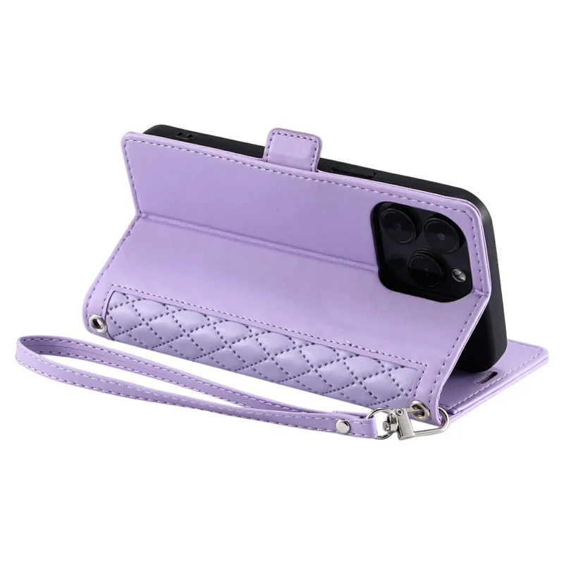 For iPhone 13 Pro Max Leather Case Rhombus Texture Wallet Stand Phone Cover with Wrist Strap - Purple