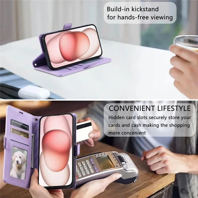 For iPhone 13 Pro Max Leather Case Rhombus Texture Wallet Stand Phone Cover with Wrist Strap - Purple