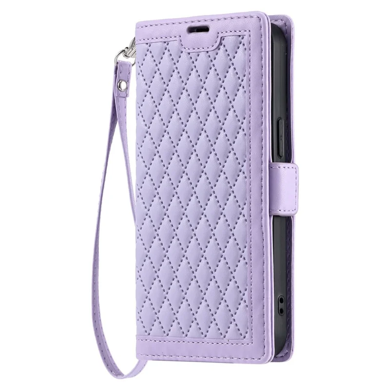 For iPhone 13 Pro Max Leather Case Rhombus Texture Wallet Stand Phone Cover with Wrist Strap - Purple