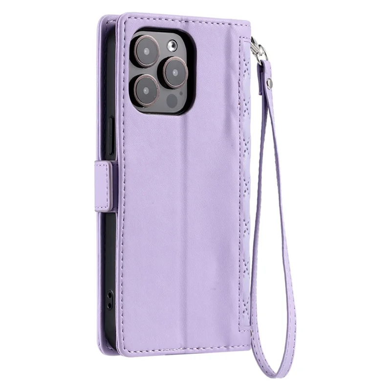 For iPhone 13 Pro Max Leather Case Rhombus Texture Wallet Stand Phone Cover with Wrist Strap - Purple