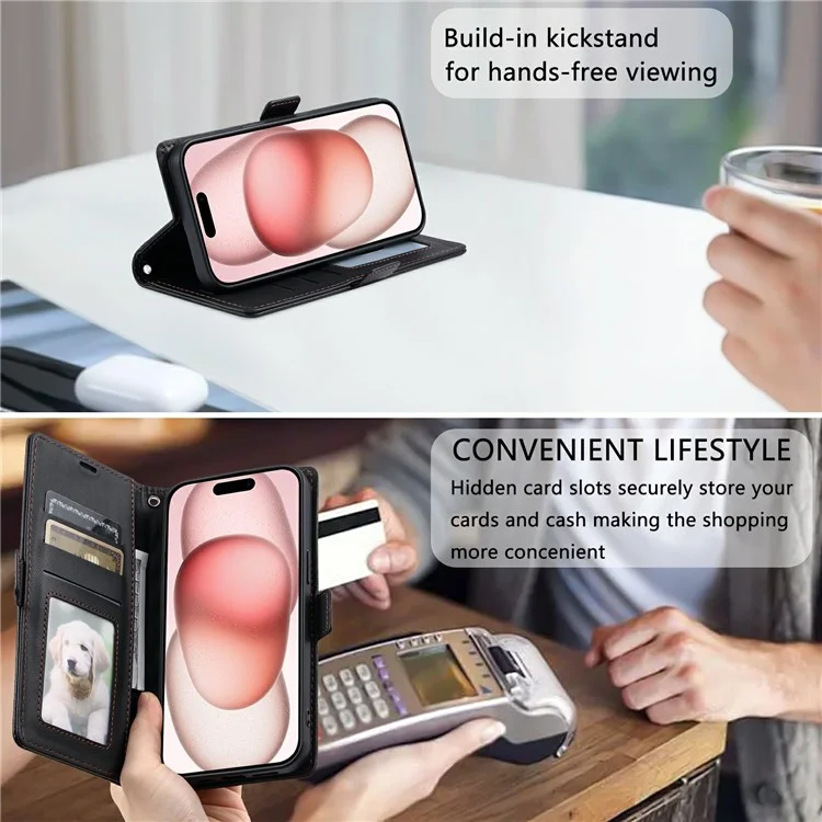 Für iPhone 14 Pro Lederhülle Raute Textur Brieftasche Ständer Handyhülle mit Handgelenkband - Schwarz