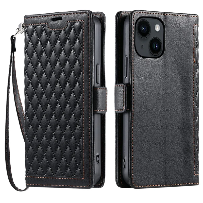 For iPhone 15 Leather Case Rhombus Texture Wallet Stand Phone Cover with Wrist Strap - Black