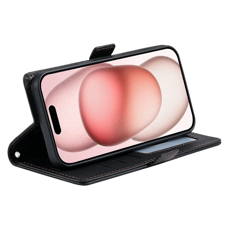 For iPhone 15 Leather Case Rhombus Texture Wallet Stand Phone Cover with Wrist Strap - Black