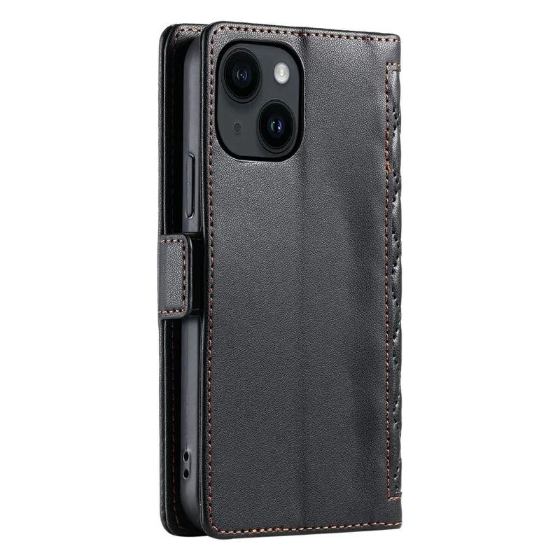For iPhone 15 Leather Case Rhombus Texture Wallet Stand Phone Cover with Wrist Strap - Black