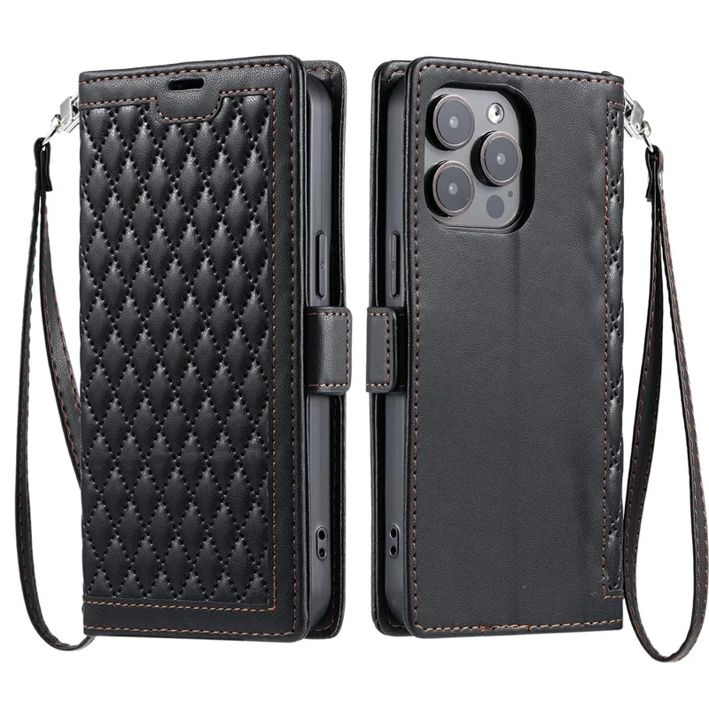 For iPhone 15 Pro Max Leather Case Rhombus Texture Wallet Stand Phone Cover with Wrist Strap - Black