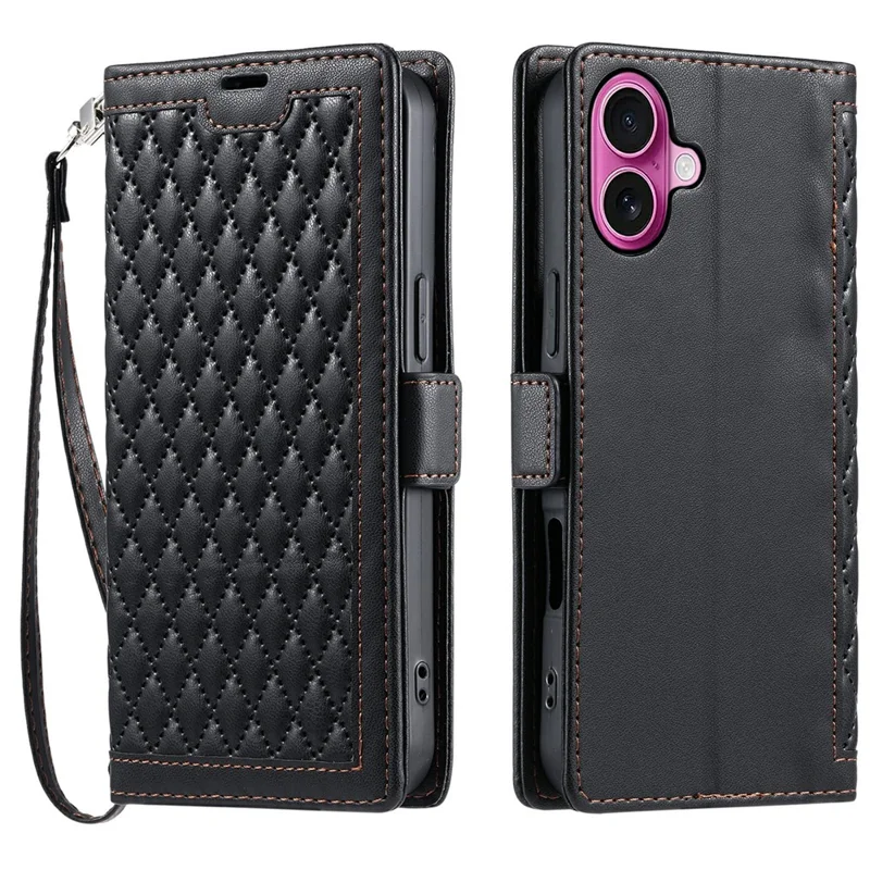 For iPhone 16 Leather Case Rhombus Texture Wallet Stand Phone Cover with Wrist Strap - Black