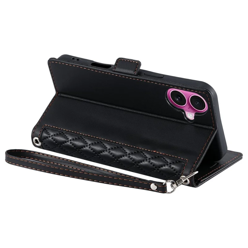 For iPhone 16 Leather Case Rhombus Texture Wallet Stand Phone Cover with Wrist Strap - Black