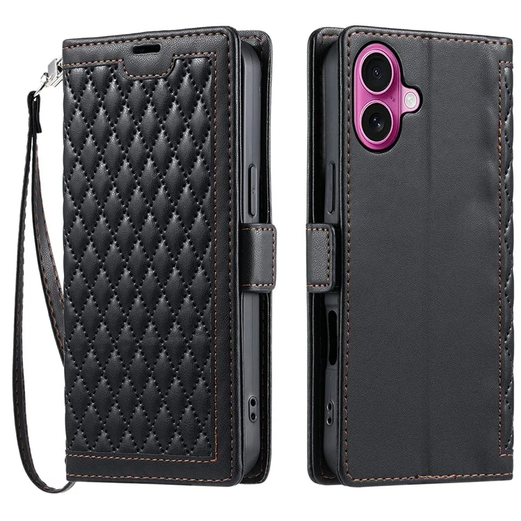 For iPhone 16 Plus Leather Case Rhombus Texture Wallet Stand Phone Cover with Wrist Strap - Black