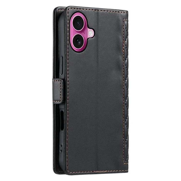 For iPhone 16 Plus Leather Case Rhombus Texture Wallet Stand Phone Cover with Wrist Strap - Black
