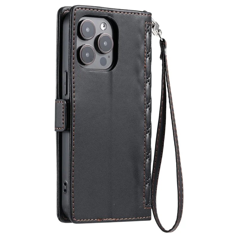 For iPhone 16 Pro Max Leather Case Rhombus Texture Wallet Stand Phone Cover with Wrist Strap - Black
