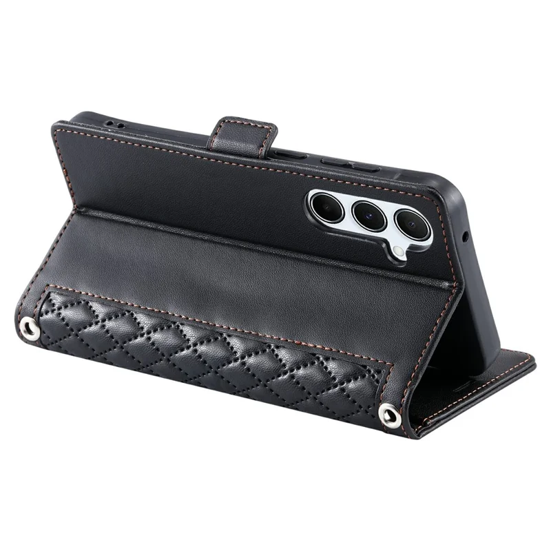 For Samsung Galaxy A16 5G  /  4G Leather Case Rhombus Texture Wallet Stand Phone Cover with Wrist Strap - Black