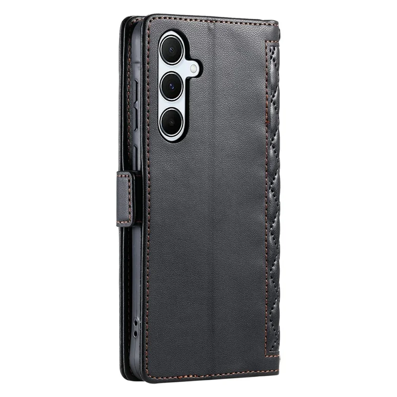 For Samsung Galaxy A25 5G (Global) (161.0mm) Leather Case Rhombus Texture Wallet Stand Phone Cover with Wrist Strap - Black