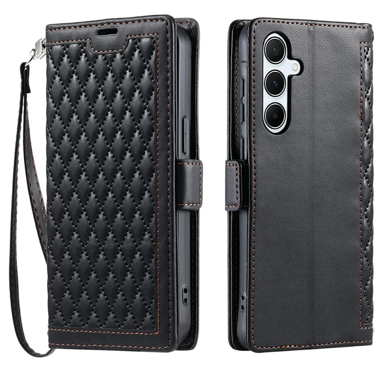 For Samsung Galaxy A26 5G Leather Case Rhombus Texture Wallet Stand Phone Cover with Wrist Strap - Black
