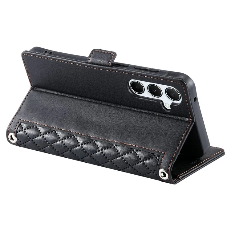 For Samsung Galaxy A26 5G Leather Case Rhombus Texture Wallet Stand Phone Cover with Wrist Strap - Black