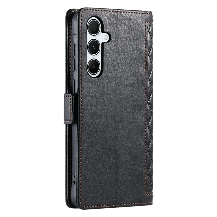 For Samsung Galaxy A26 5G Leather Case Rhombus Texture Wallet Stand Phone Cover with Wrist Strap - Black