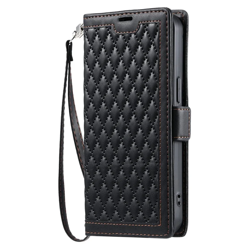 For Samsung Galaxy S24 FE Leather Case Rhombus Texture Wallet Stand Phone Cover with Wrist Strap - Black