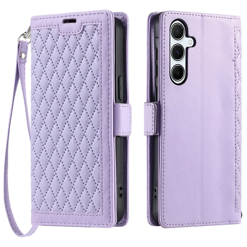 For Samsung Galaxy S24 FE Leather Case Rhombus Texture Wallet Stand Phone Cover with Wrist Strap - Purple