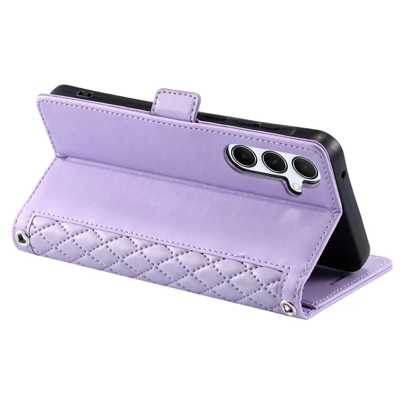 For Samsung Galaxy S24 FE Leather Case Rhombus Texture Wallet Stand Phone Cover with Wrist Strap - Purple