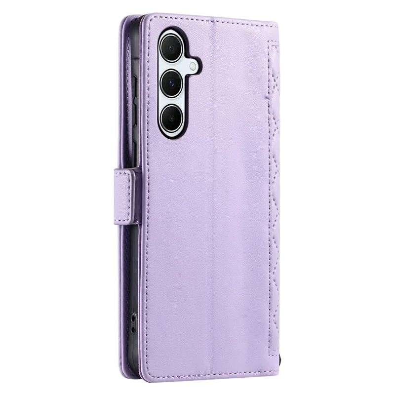 For Samsung Galaxy S24 FE Leather Case Rhombus Texture Wallet Stand Phone Cover with Wrist Strap - Purple