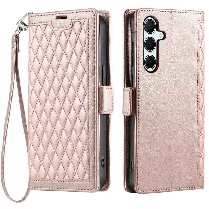 For Samsung Galaxy S24 FE Leather Case Rhombus Texture Wallet Stand Phone Cover with Wrist Strap - Rose Gold