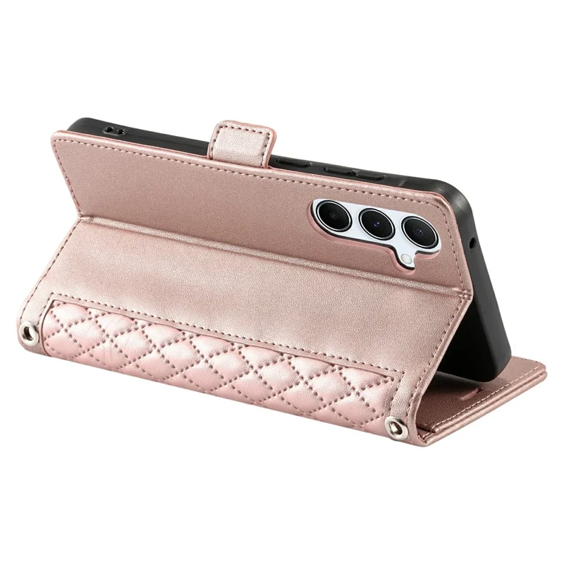 For Samsung Galaxy S24 FE Leather Case Rhombus Texture Wallet Stand Phone Cover with Wrist Strap - Rose Gold
