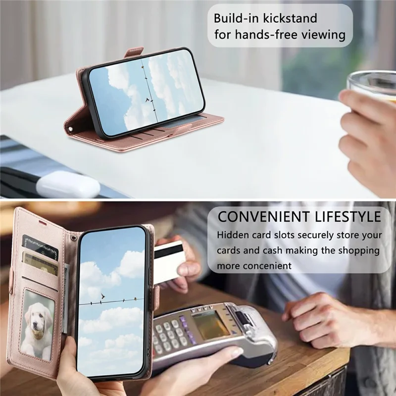 For Samsung Galaxy S24 FE Leather Case Rhombus Texture Wallet Stand Phone Cover with Wrist Strap - Rose Gold