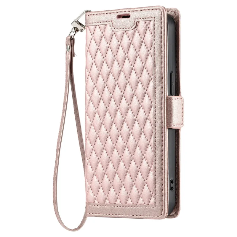 For Samsung Galaxy S24 FE Leather Case Rhombus Texture Wallet Stand Phone Cover with Wrist Strap - Rose Gold