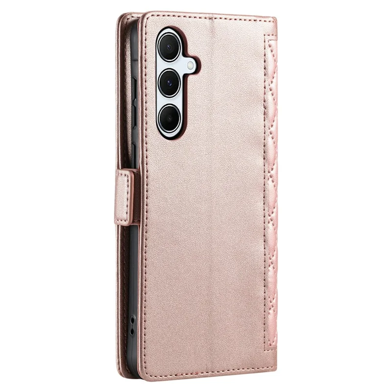 For Samsung Galaxy S24 FE Leather Case Rhombus Texture Wallet Stand Phone Cover with Wrist Strap - Rose Gold