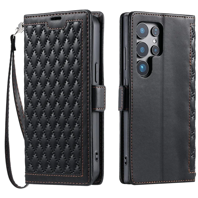 Funda de Cuero para Samsung Galaxy S23 Ultra con Textura de Rombos, Soporte de Cartera y Correa de Muñeca - Negro